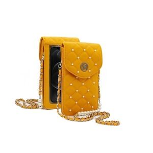 Studio Badgley Mischka Yellow Quilted Vegan Leather Pearl Crossbody Phone Bag